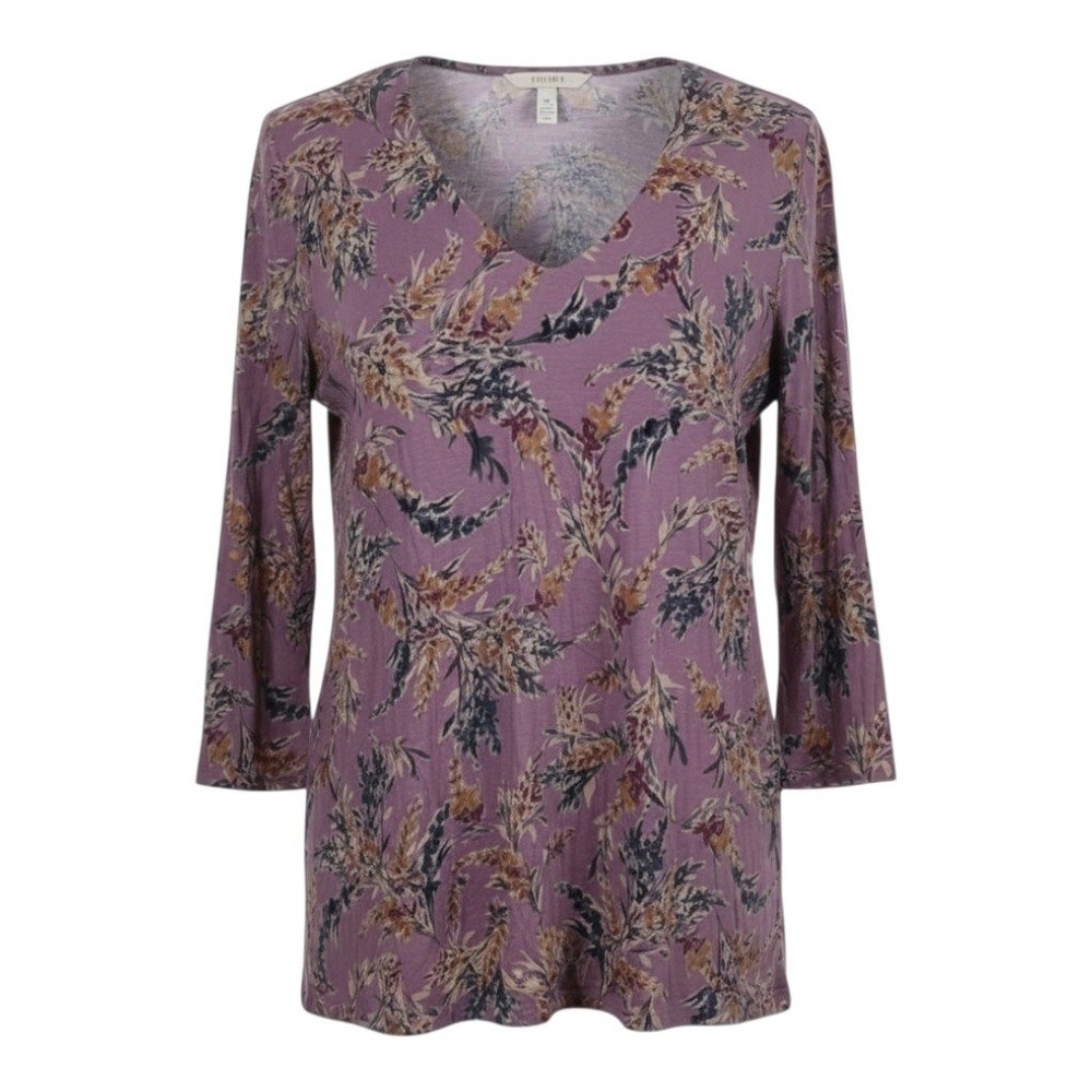 Pure Jill V-Neck Tee Purple Floral Cotton Tencel Modal 3/4 Sleeve‎ - XL